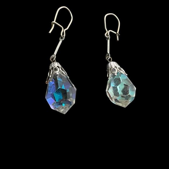 Iridescent Dangle Earrings Faceted Glass Pierced Drop Silver Tone Wire Hook - Picture 5 of 10
